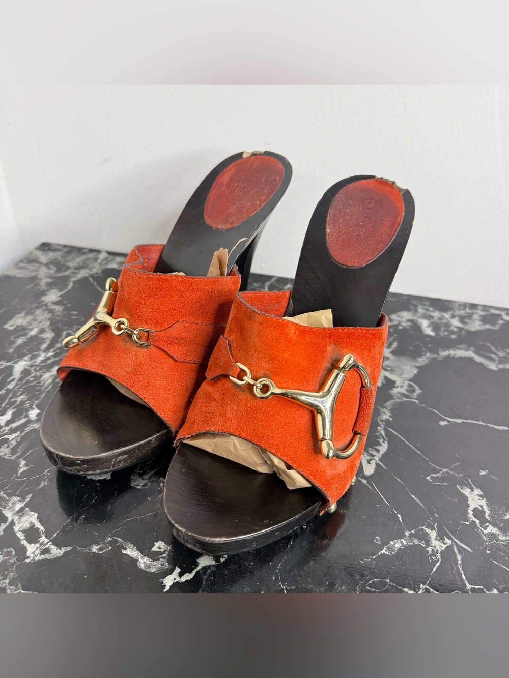 GUCCI Vintage Logo Horsebit Slide Heels Red Suede 8.5